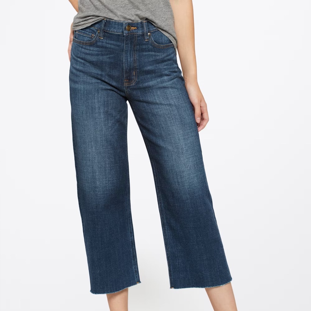 Dark Blue Wide-Leg Jeans, Size 12, 31, High rise flare leg raw edge hem, NWT